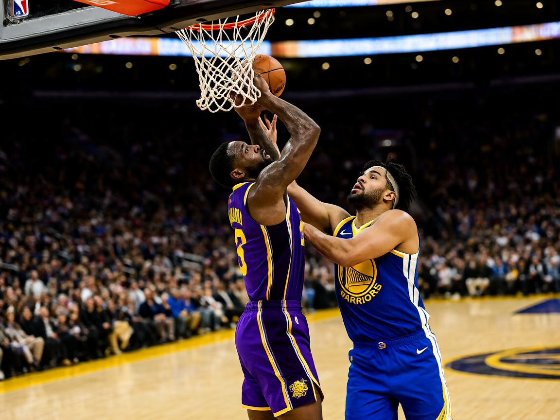 NBA篮球比赛精彩瞬间，球员在篮下激烈对抗的NBA赛事画面